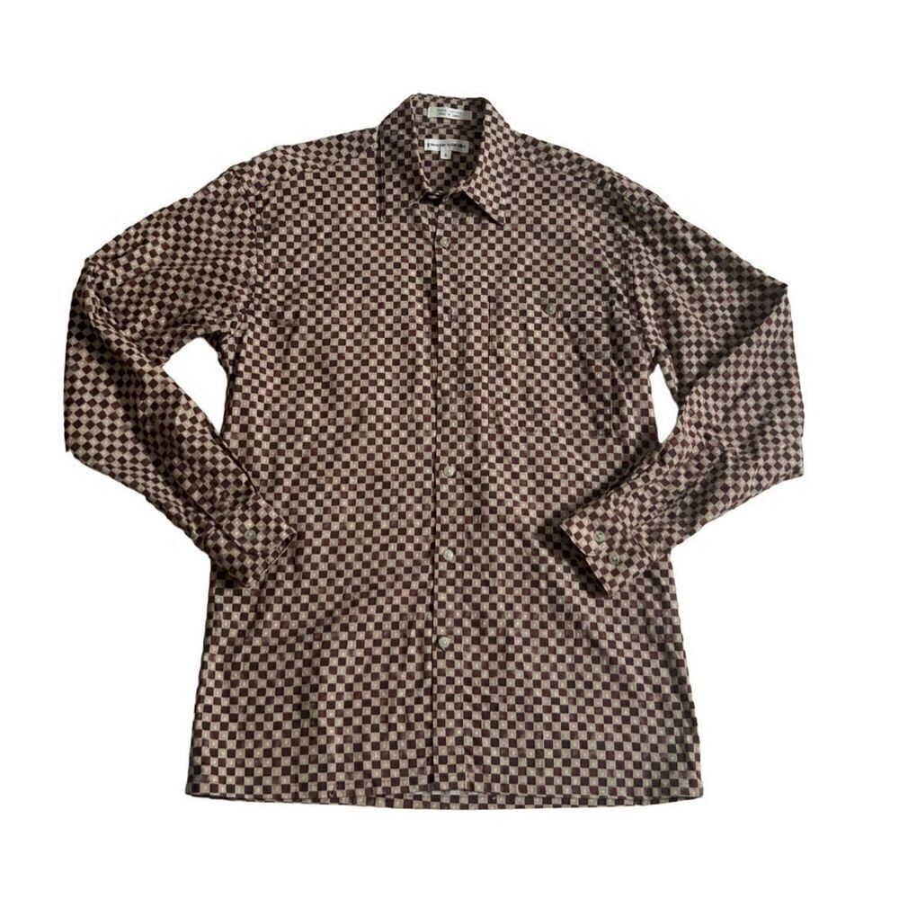 Pierre Cardin Brown & Beige Checkered Long Sleeve Shirt Size S made in Korea